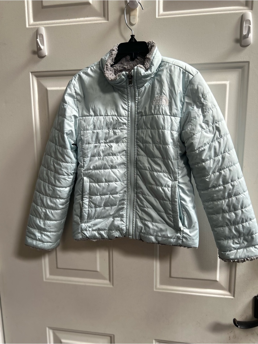 The North Face Girls' Light Blue Mossbud Swirl Reversible Insulated Jacket Sz 6